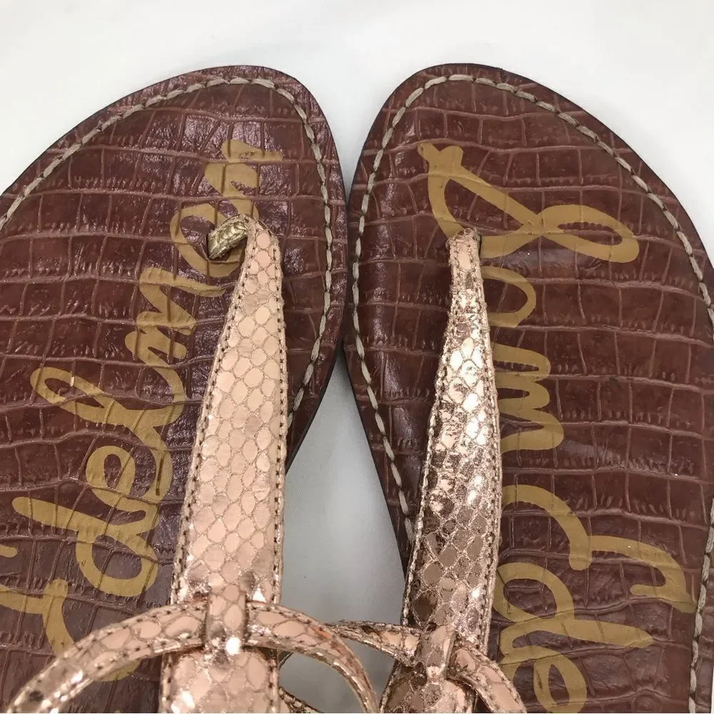 Sam Edelman GIGI Gold Metallic Reptile Embossed Leather T Strap Thong Sandals